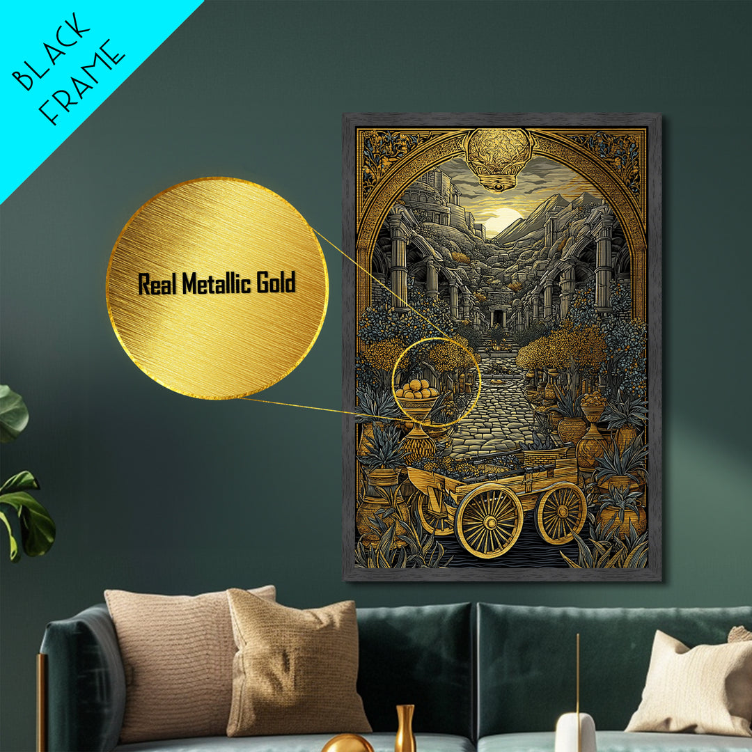 Ancient Courtyard With Columns And Citrus Trees, Metallic Gold Metal Print, Mythical Garden Wall Art, Real Wood Framed Decor