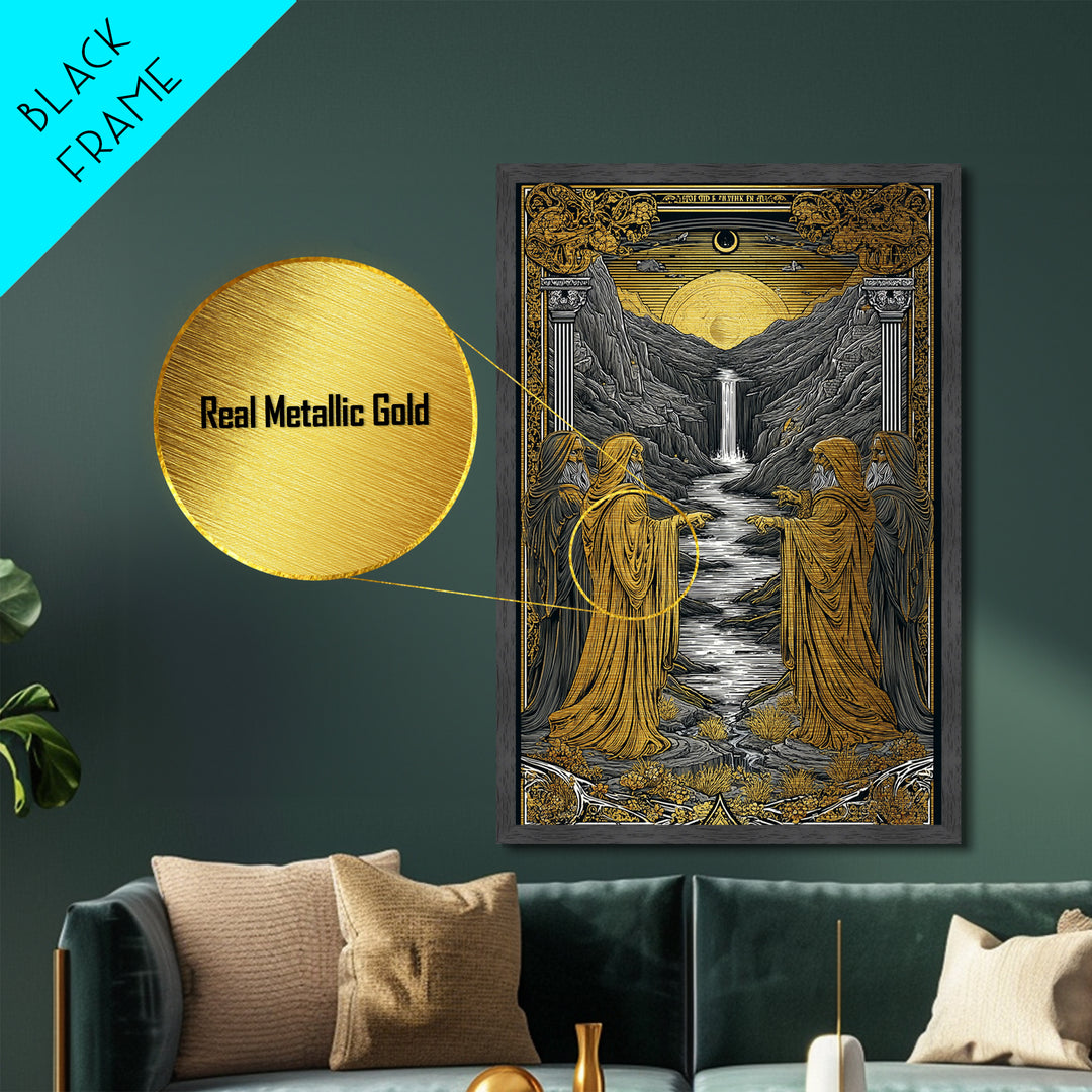 Golden Sun Over Waterfall Valley, Metallic Gold Metal Print, Mythical Landscape Fantasy Art, Real Wood Framed Wall Decor