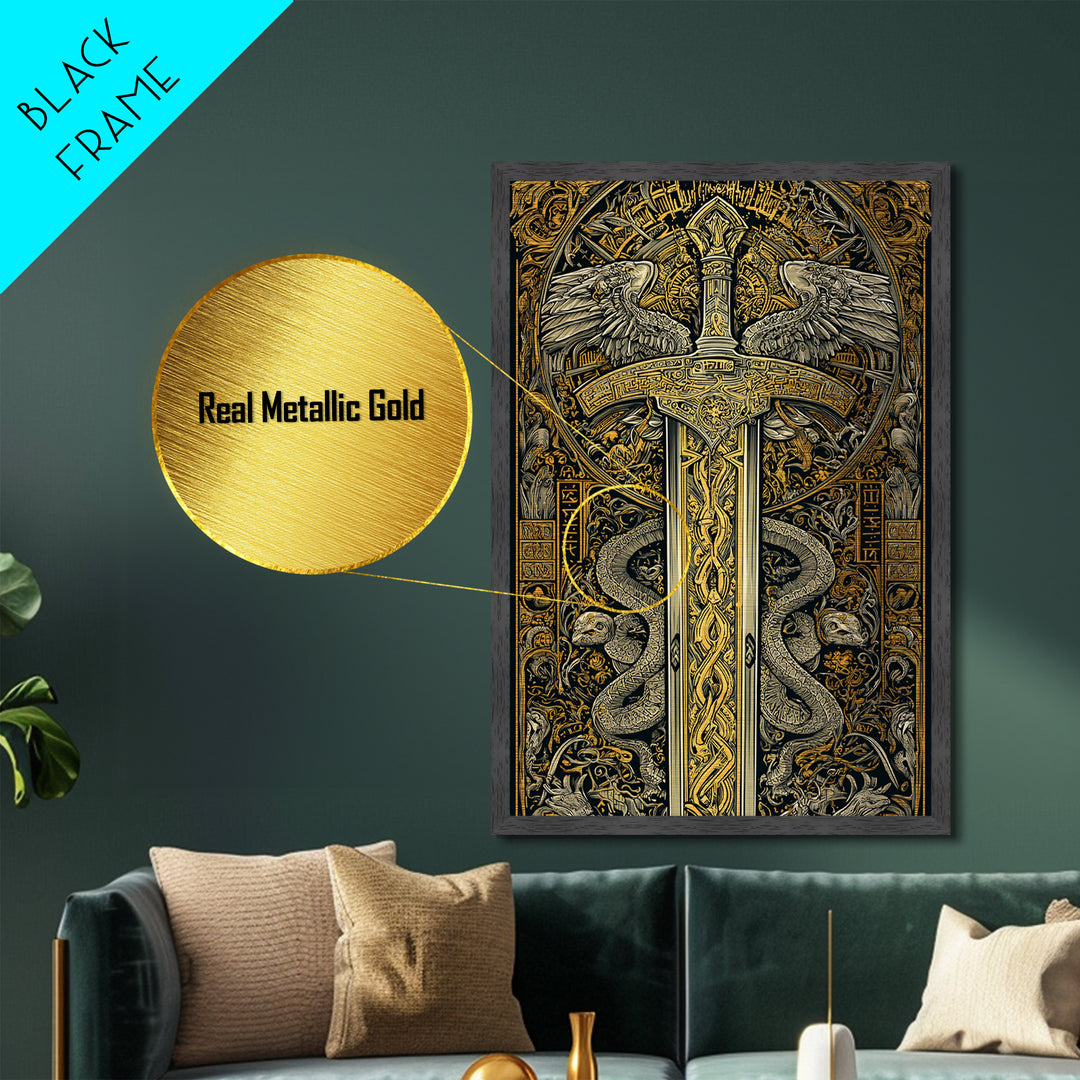Ornate Sword With Serpents And Wings, Metallic Gold Metal Print, Medieval Fantasy Wall Art, Real Wood Framed Artwork