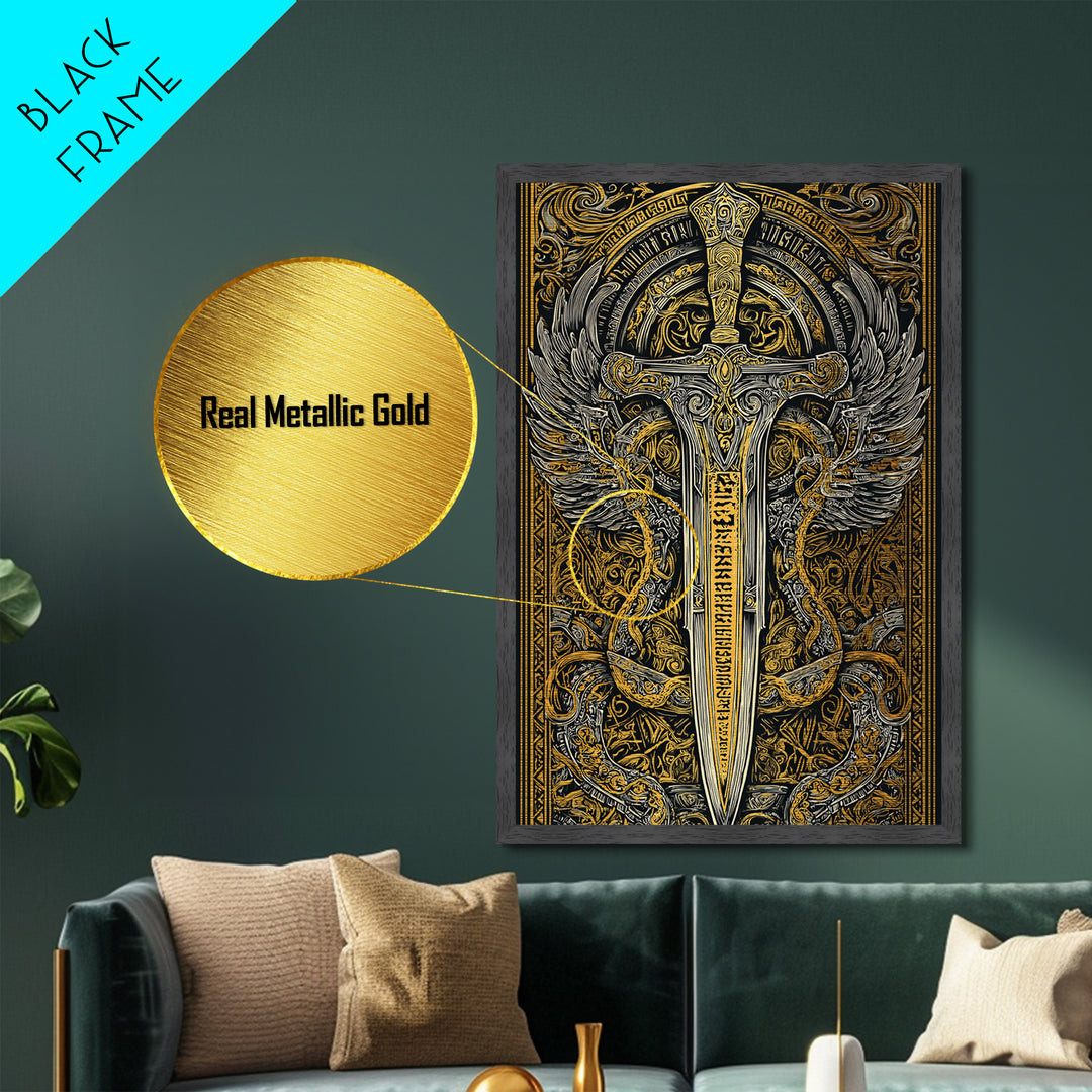 Winged Sword Surrounded By Dragons, Metallic Gold Art, Medieval Fantasy Metal Print, Real Wood Framed Mythical Decor