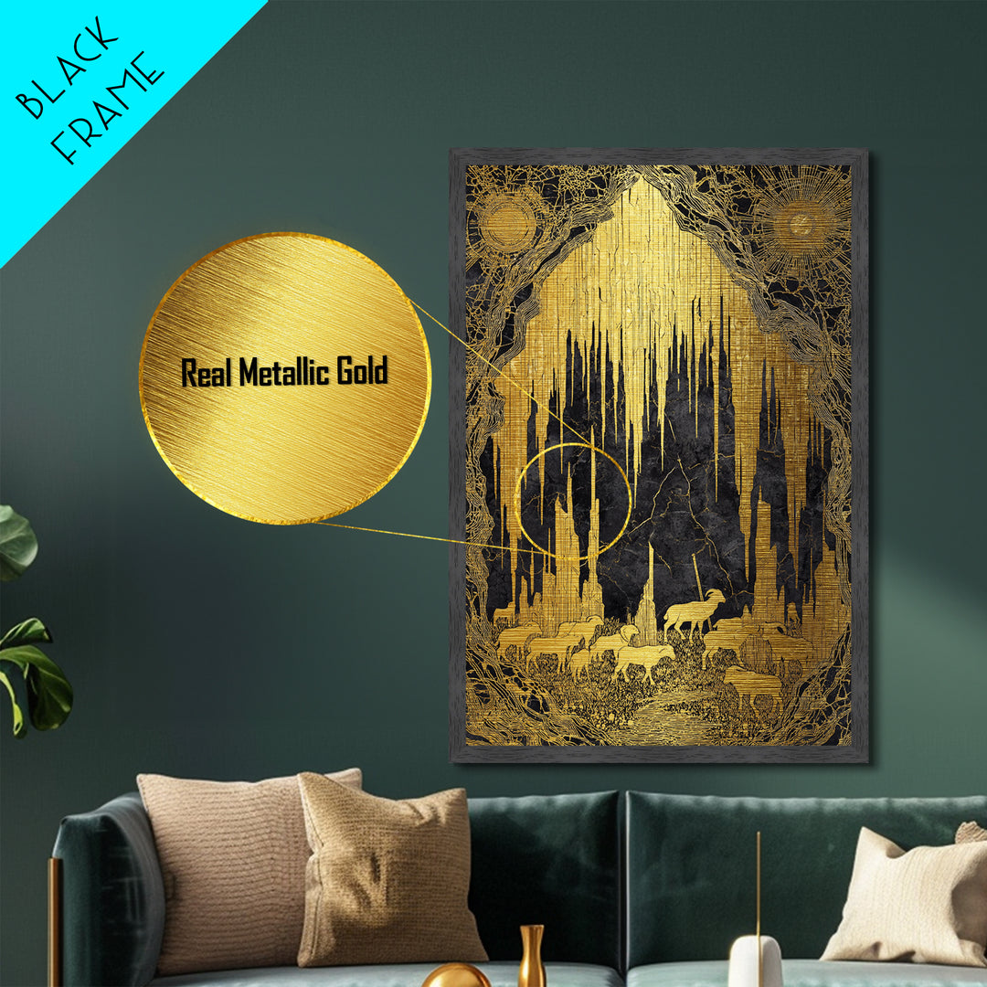 Golden Cave With Mountain Goats, Metallic Gold Metal Print, Mythical Nature Landscape Art, Real Wood Framed Wall Decor