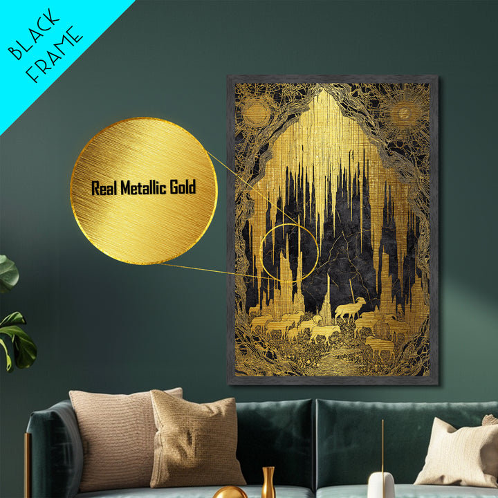 Golden Cave With Mountain Goats, Metallic Gold Metal Print, Mythical Nature Landscape Art, Real Wood Framed Wall Decor