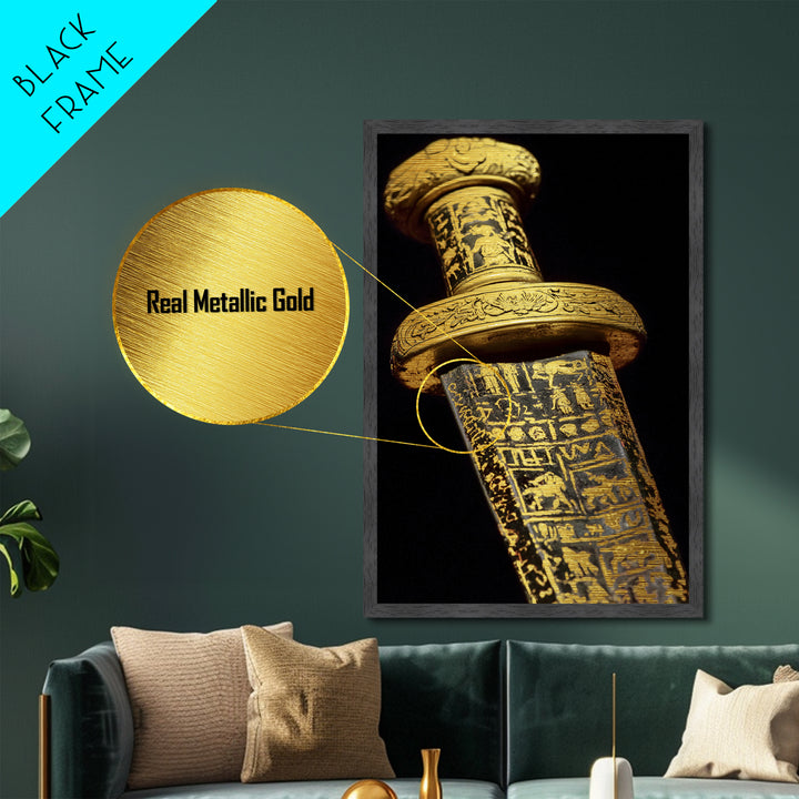 Ancient Sword With Etched Symbols, Metallic Gold Metal Print, Mystical Weaponry Wall Art, Real Wood Framed Artwork