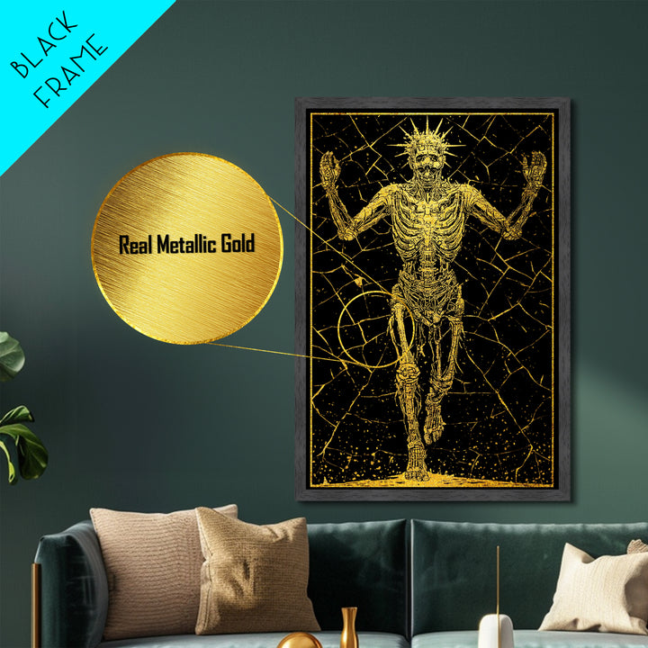 Golden Skeleton With Radiant Crown, Metallic Gold Art, Mythical Dark Fantasy Wall Print, Real Wood Framed Decor