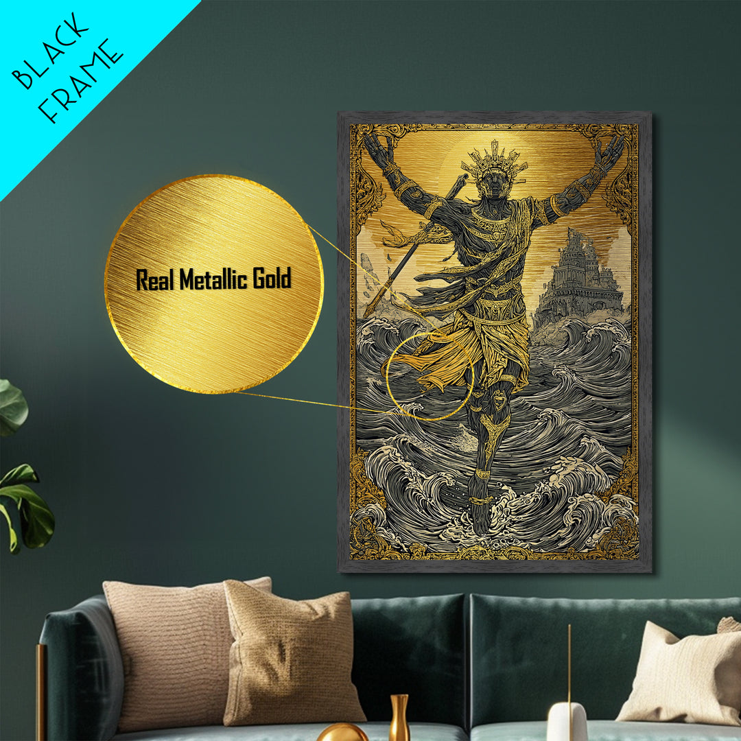 Sea God Statue Rising From Waves, Metallic Gold Metal Print, Mythical Ocean Fantasy Wall Art, Real Wood Framed Decor