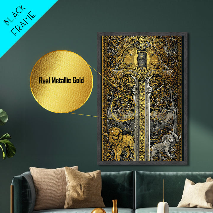 Sword With Lion And Ram Guardians, Metallic Gold Metal Print, Mythical Medieval Wall Art, Real Wood Framed Fantasy Decor