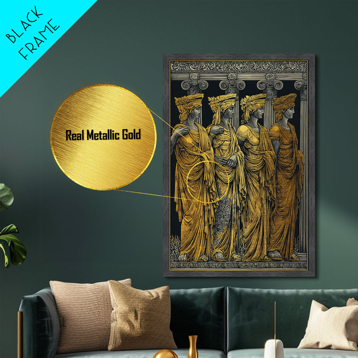 Ancient Greek Caryatids Metallic Gold Metal Print, Classical Architecture Wall Art, Real Wood Frame Home Decor