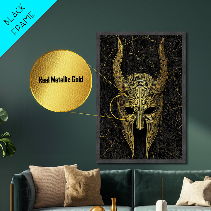 Horned Spartan Helmet Metallic Gold Art, Mythology Warrior Metal Print, Real Wood Frame Greek Wall Decor