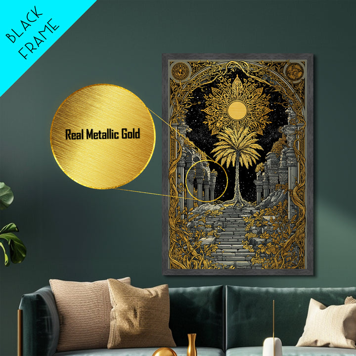 Golden Sun And Palm Metallic Gold Metal Print, Mythical Ruins Wall Art, Real Wood Frame Ancient Greece Decor