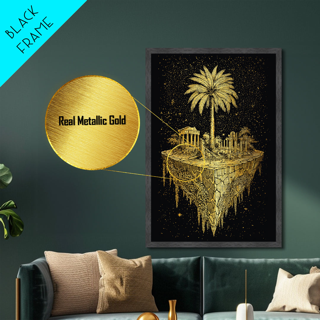 Floating Island Ruins Metallic Gold Art, Ancient Greek Temple Metal Print, Real Wood Frame Mythology Decor