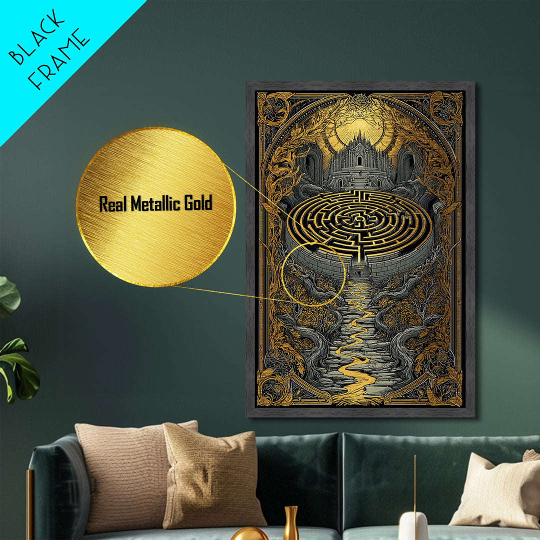 Labyrinth Path Metallic Gold Metal Print, Ancient Maze Wall Art, Real Wood Frame Mythology Inspired Decor