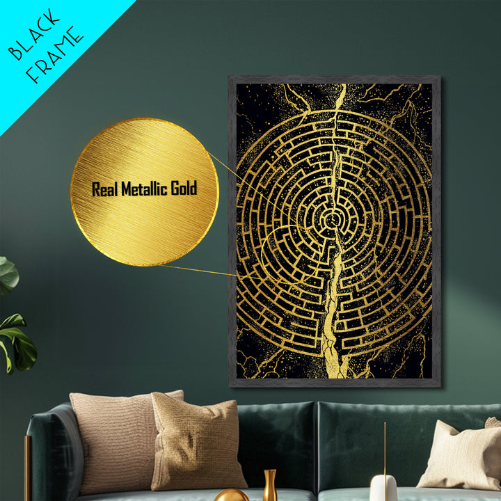 Circular Labyrinth Metallic Gold Art, Ancient Greek Maze Metal Print, Real Wood Frame Mythology Wall Decor