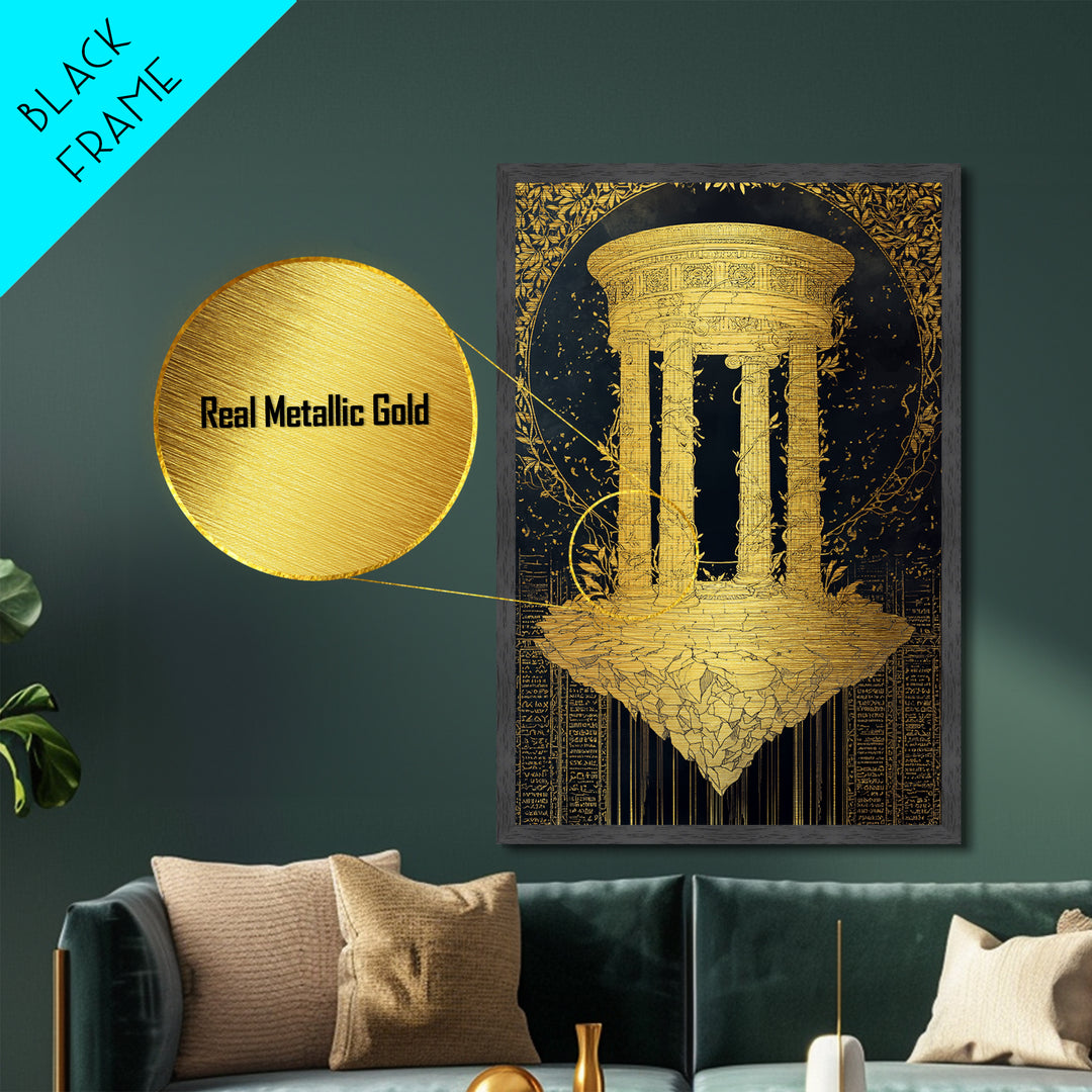 Floating Temple Metallic Gold Metal Print, Classical Architecture Art, Real Wood Frame Ancient Greece Decor