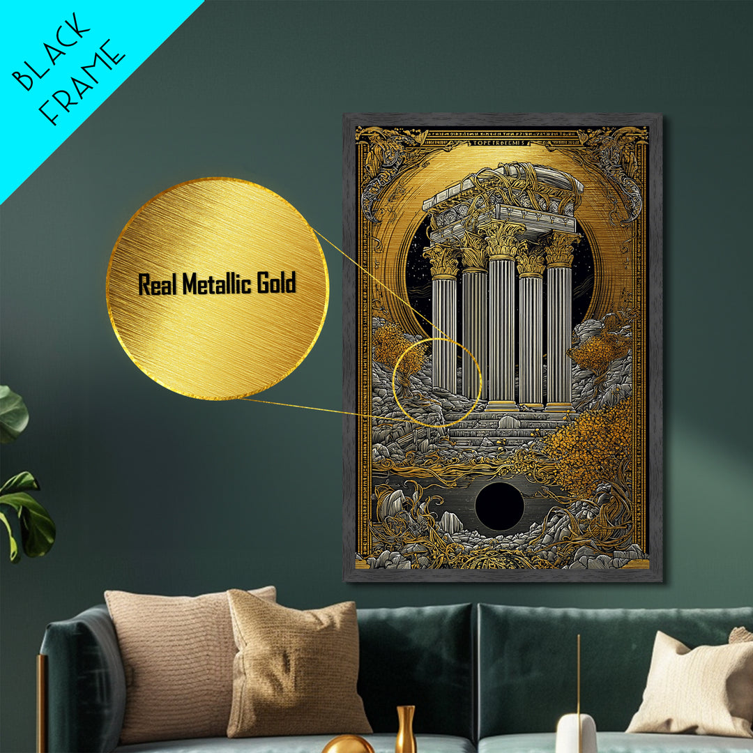 Ancient Greek Columns Metallic Gold Art, Ruins Wall Decor Metal Print, Real Wood Frame Classical Architecture
