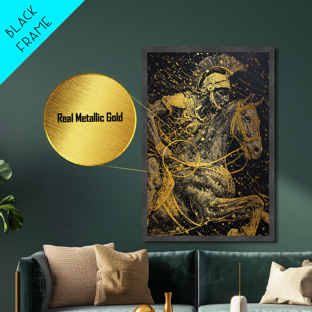 Spartan Horseback Warrior in Motion – Metallic Gold Art, Splatter Style Metal Art, Ancient Greek Military Wall Decor