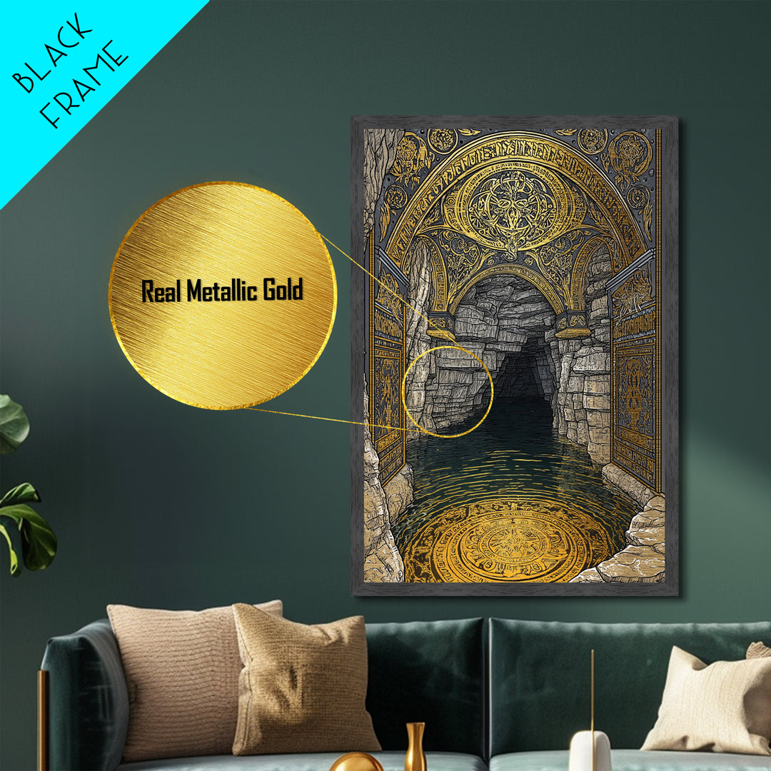 Golden Cave Entrance Metallic Gold Metal Print, Mythology Inspired Wall Art, Real Wood Frame Ancient Greece Decor