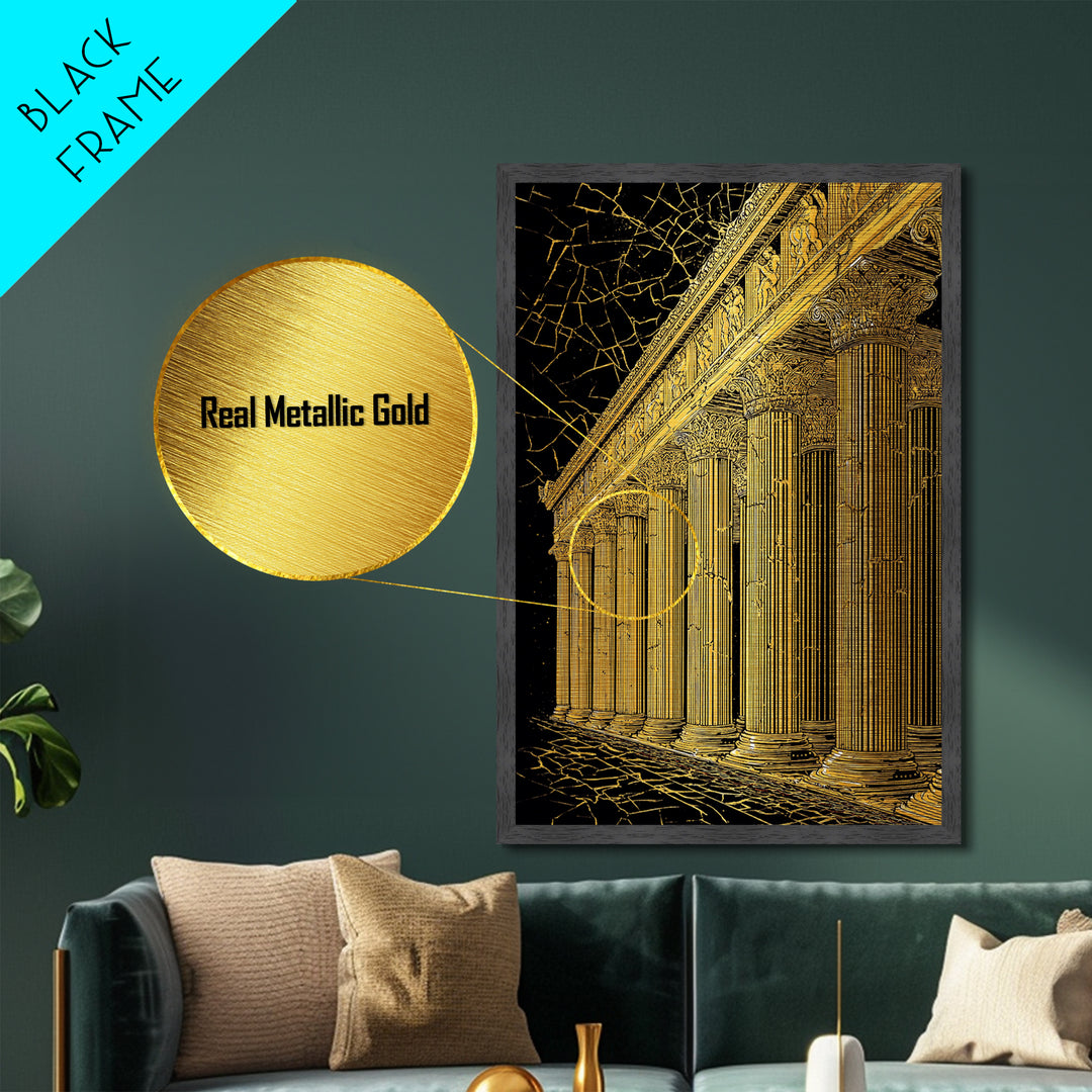 Ancient Parthenon Columns Metallic Gold Art, Classical Ruins Wall Decor, Real Wood Frame Metal Print Decor