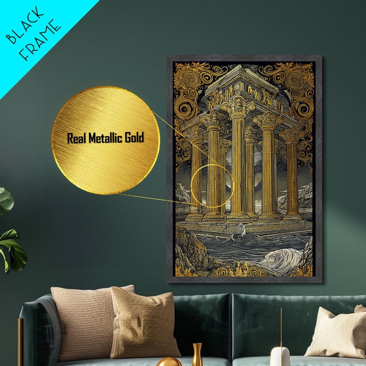 Temple Of The Gods, Mythological Architecture, Metallic Gold Metal Print, Real Wood Frame Wall Art