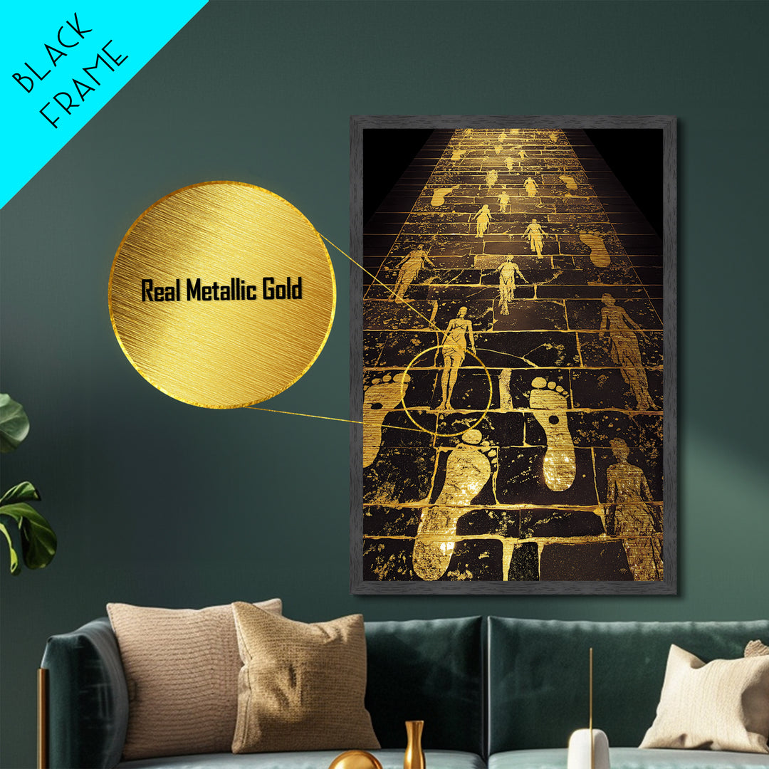Golden Pathway Of Eternity, Mythic Footsteps, Metallic Gold Metal Print, Real Wood Frame Wall Art