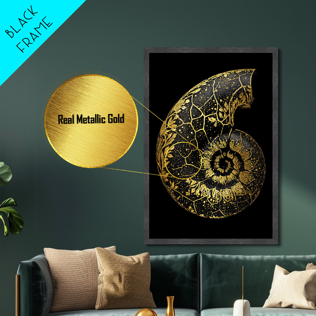 Golden Nautilus Fossil, Nature Inspired Abstract, Metallic Gold Metal Print, Real Wood Frame Wall Art