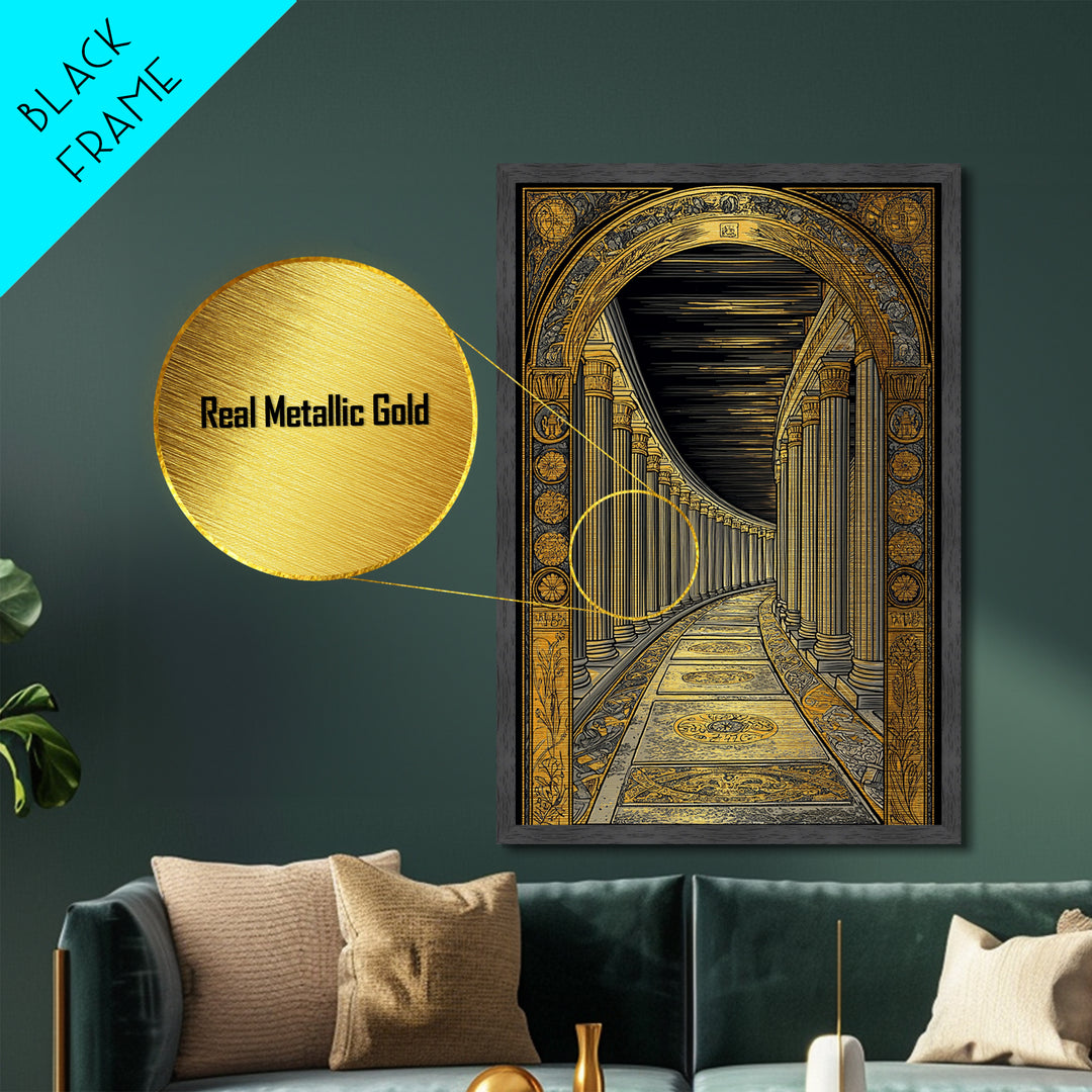 Endless Colonnade, Ancient Architecture Corridor, Metallic Gold Metal Print, Real Wood Frame Wall Art