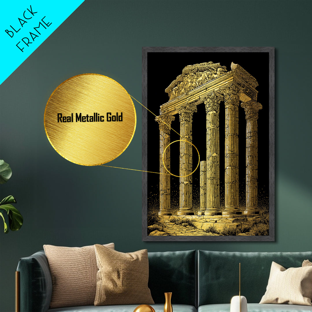 Greek Temple Ruins, Timeless Classical Columns, Metallic Gold Metal Print, Real Wood Frame Wall Art