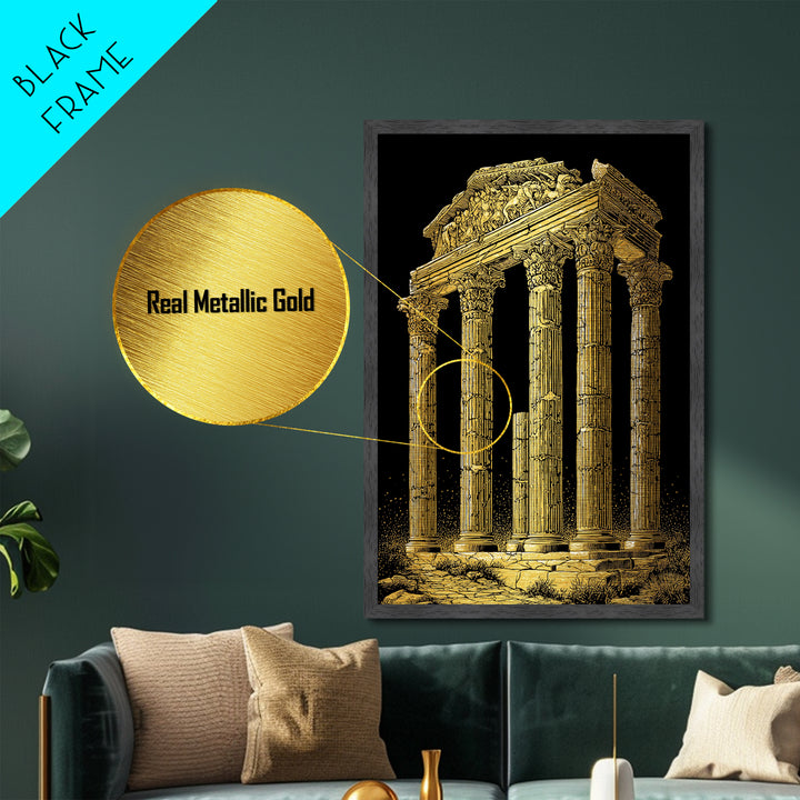 Greek Temple Ruins, Timeless Classical Columns, Metallic Gold Metal Print, Real Wood Frame Wall Art