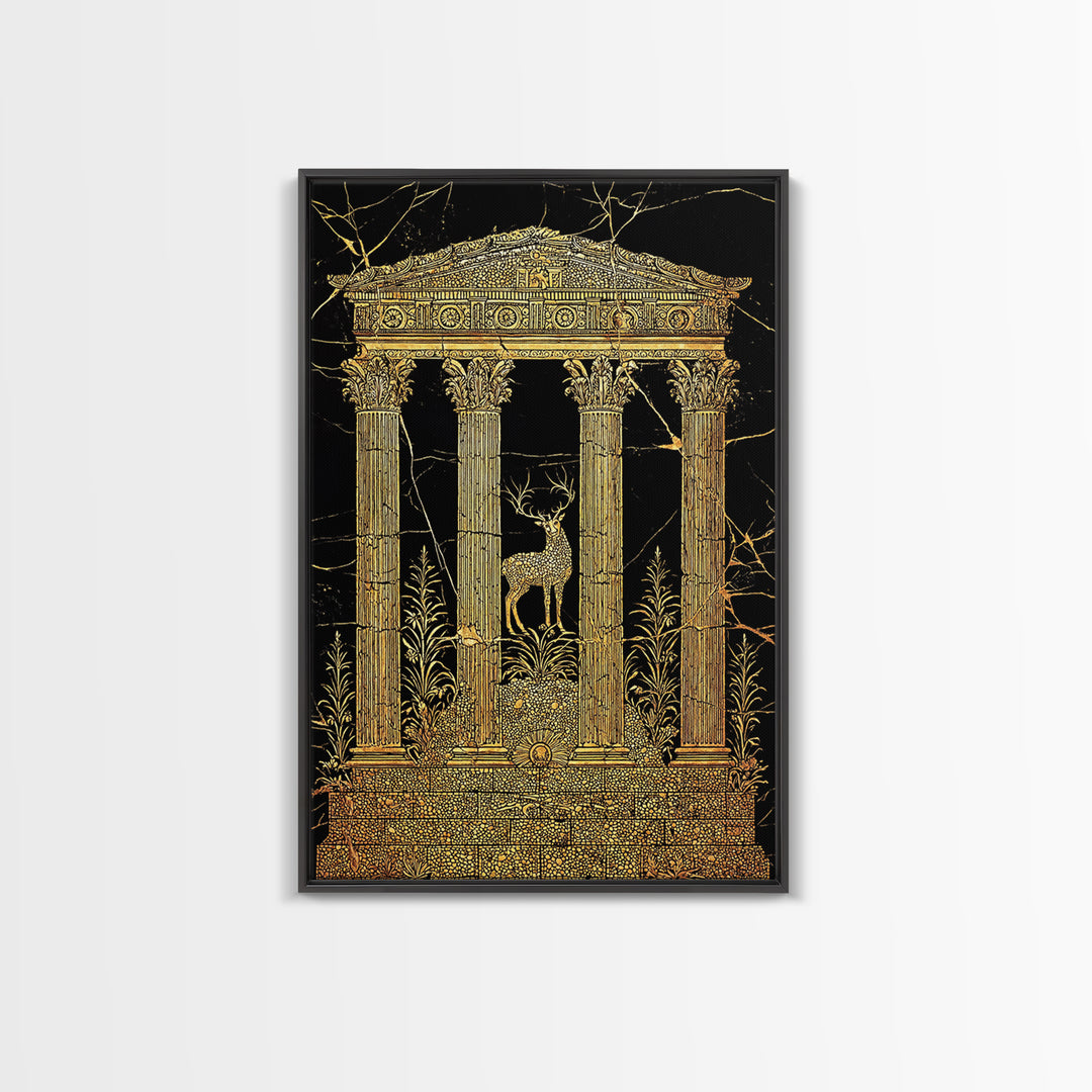 Stag At The Temple, Mythic Nature Scene, Canvas Gold Canvas Print, Real Wood Frame Wall Art