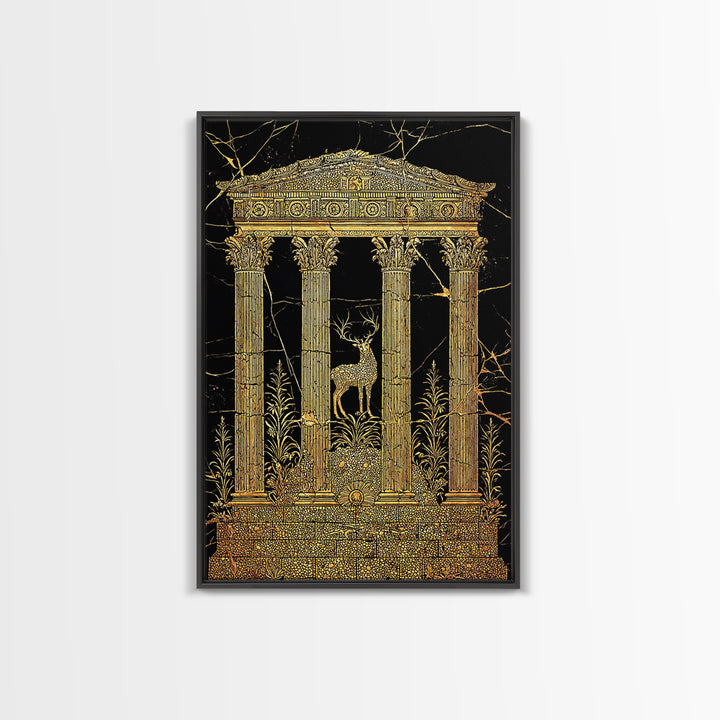 Stag At The Temple, Mythic Nature Scene, Canvas Gold Canvas Print, Real Wood Frame Wall Art