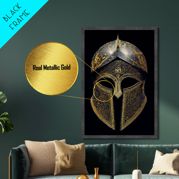 Ancient Greek Helmet with Cracked Texture and Text – Metallic Gold Art, Real Wood Frame Metal Art, Historical Spartan Wall Decor