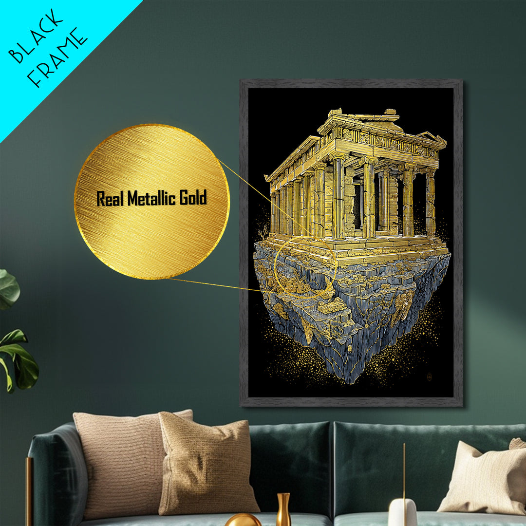 Floating Ancient Temple, Surreal Greek Ruins, Metallic Gold Metal Print, Real Wood Frame Wall Art