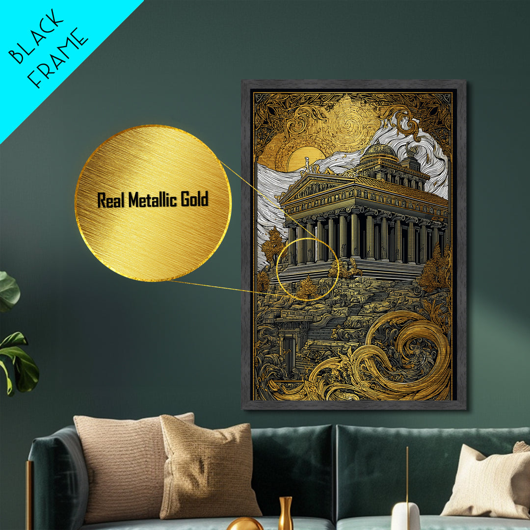 Greek Temple At Sunset, Ancient Architecture Wall Art, Metallic Gold Metal Print, Mythology Home Decor, Wood Frame
