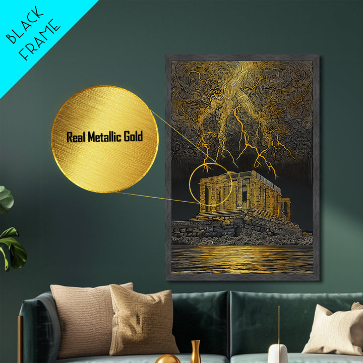 Parthenon With Lightning Storm, Dramatic Greek Myth Wall Art, Metallic Gold Metal Print, Ancient Decor, Wood Frame