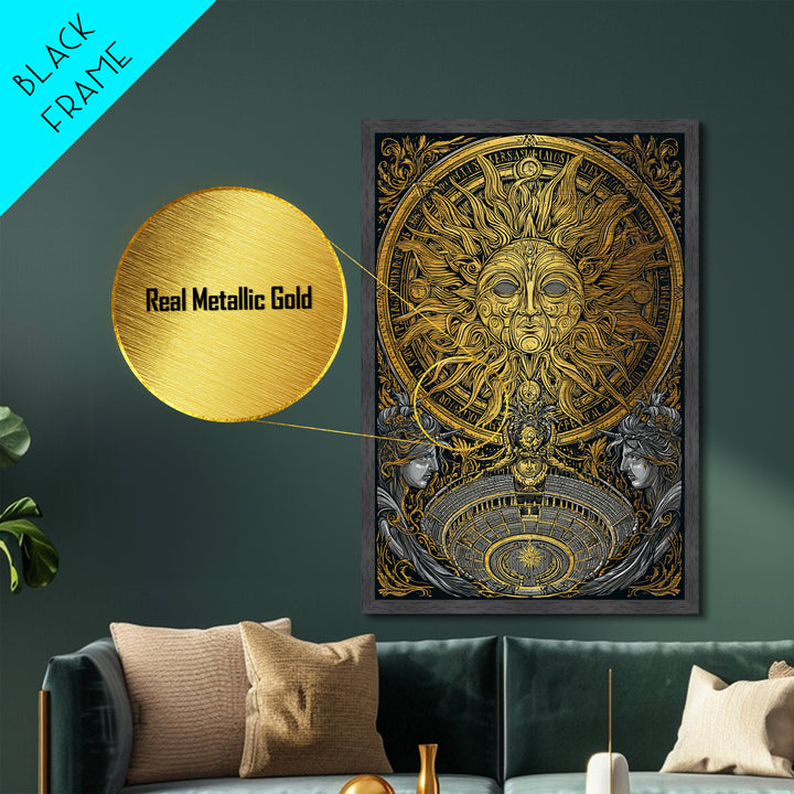Sun God Face With Theater, Greek Mythology Wall Art, Metallic Gold Art, Dramatic Metal Print, Celestial Decor, Wood Frame