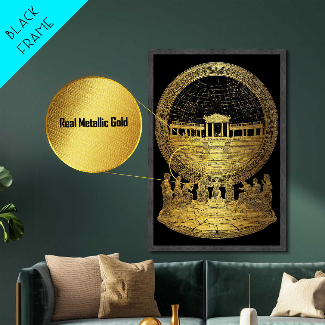 Greek Amphitheater With Muses, Ancient Mythology Wall Decor, Metallic Gold Metal Print, Classical Art, Wood Frame