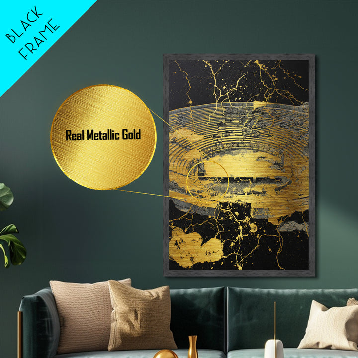 Ancient Theater Abstract, Splattered Metallic Gold Metal Print, Greek Myth Wall Art, Dramatic Decor, Wood Frame