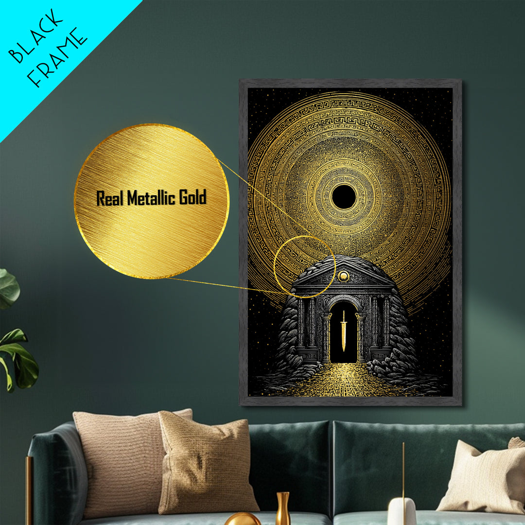 Sword Temple Cosmic Design, Mythology Wall Art, Metallic Gold Metal Print, Fantasy Decor, Ancient Architecture, Wood Frame