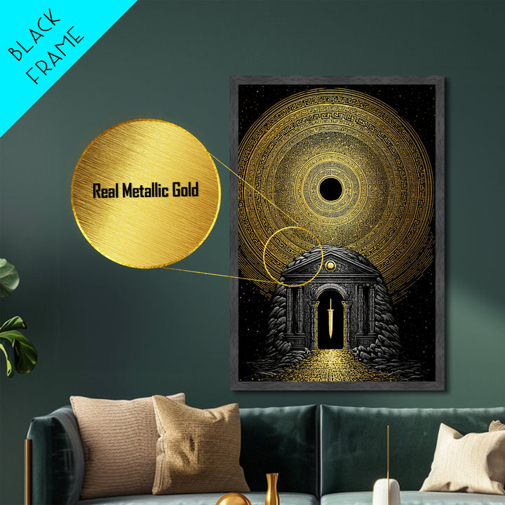 Sword Temple Cosmic Design, Mythology Wall Art, Metallic Gold Metal Print, Fantasy Decor, Ancient Architecture, Wood Frame