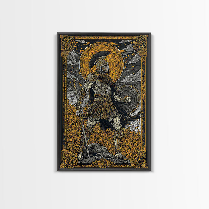 Greek Warrior With Shield, Ancient Mythology Wall Art, Canvas Gold Canvas Print, Heroic Decor, Dramatic Design, Wood Frame