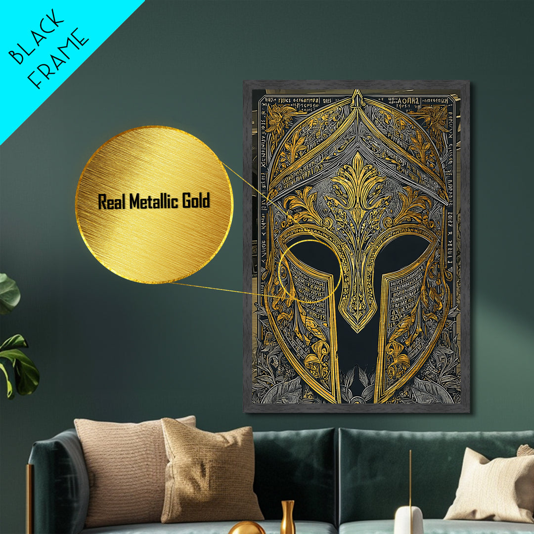 Floral Greco-Roman Helmet with Scripted Detail – Metallic Gold Art, Real Wood Framed Metal Art, Ornate Classical Warrior Print