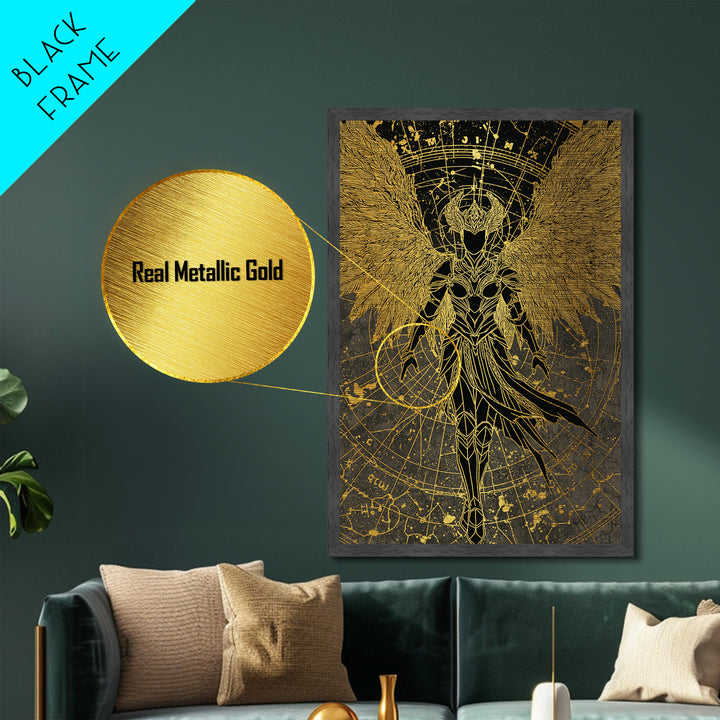 Celestial Angel Warrior, Astral Mythology Wall Art, Metallic Gold Metal Print, Fantasy Decor, Cosmic Figure, Wood Frame