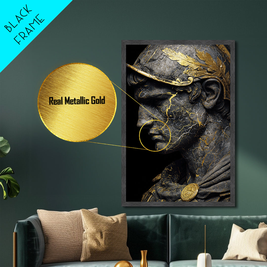 Roman Bust Statue, Classical Sculpture Wall Art, Metallic Gold Metal Print, Ancient Decor, Regal Design, Wood Frame
