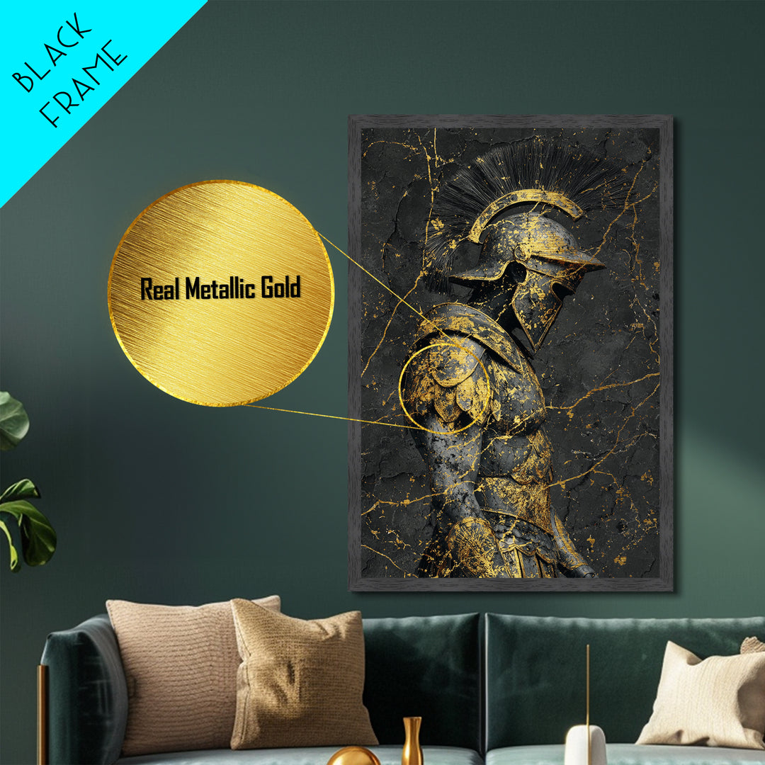 Roman Soldier Statue, Metallic Gold Metal Print, Ancient Warrior Wall Art, Real Wood Frame, Luxury Mythology Home Decor
