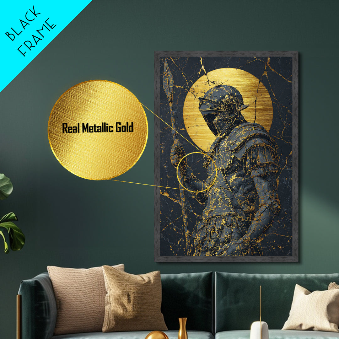 Spartan Warrior With Spear, Metallic Gold Metal Print, Ancient Soldier Wall Art, Real Wood Frame Decor, Luxury Mythology