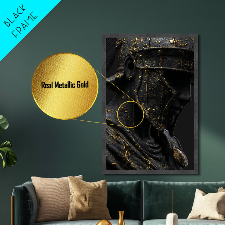 Spartan Warrior Bust, Metallic Gold Art, Ancient Helmet Metal Print, Real Wood Frame Wall Decor, Luxury Mythology Artwork