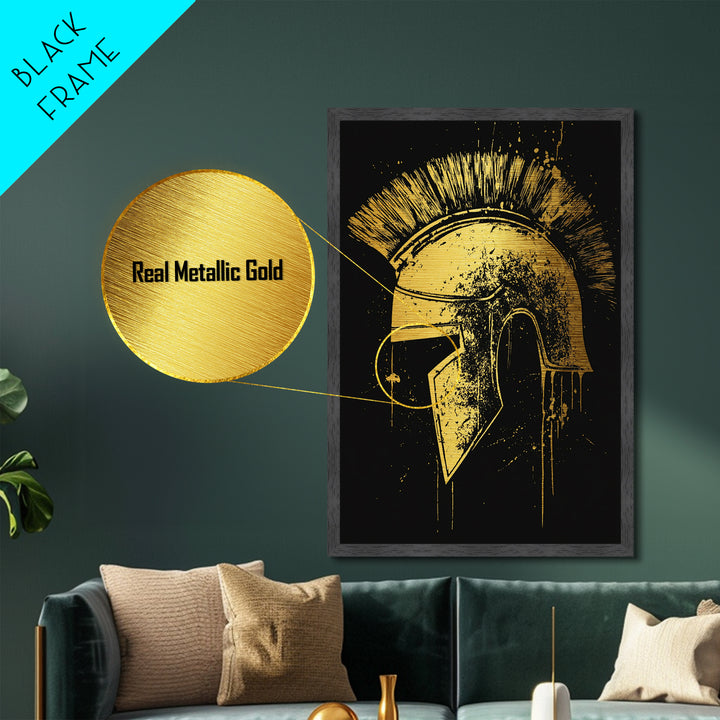 Spartan Helmet Illustration, Metallic Gold Metal Print, Ancient Warrior Wall Art, Real Wood Framed Mythology Decor