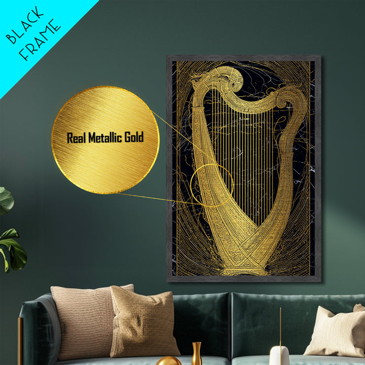 Golden Harp on Marble with Ornamental Lines – Metallic Gold Art, Metal Art in Real Wood Frame, Classical Music Instrument Decor
