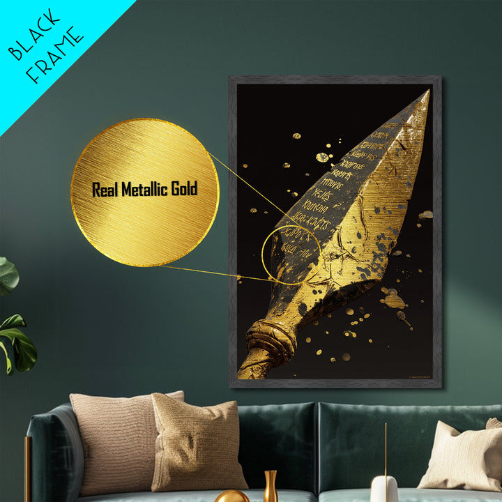 Inscribed Greek Spearhead in Motion Splash – Metallic Gold Art, Warrior Weapon Real Wood Framed Metal Art, Spartan Weapon Decor