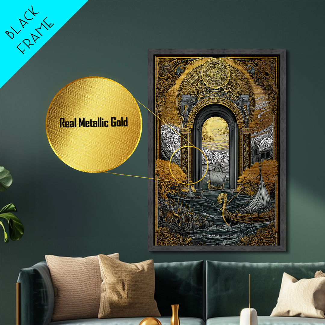 Viking Longships Through Mythic Gate – Metallic Gold Art, Epic Seafaring Metal Art in Real Wood Frame, Norse Voyage Wall Print