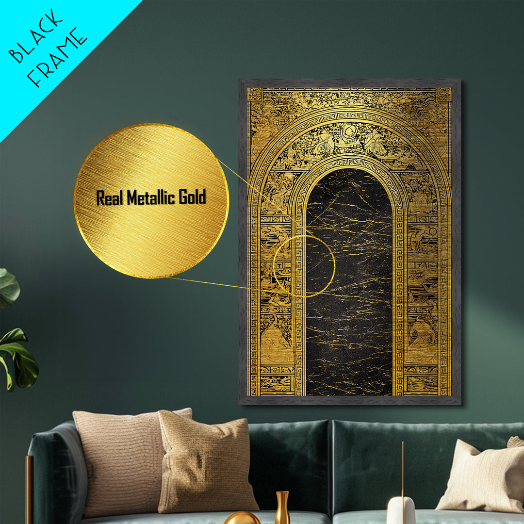 Ancient Greek Archway with Myth Scenes – Metallic Gold Art, Classical Panel Metal Art with Real Wood Frame, Temple Wall Decor